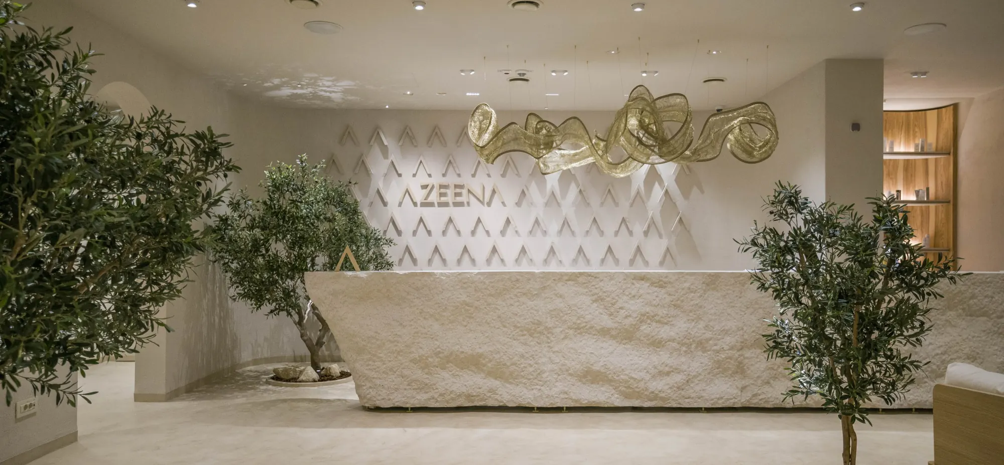 Recepția AZEENA Longevity Institute, cu birou din piatră și măslini
