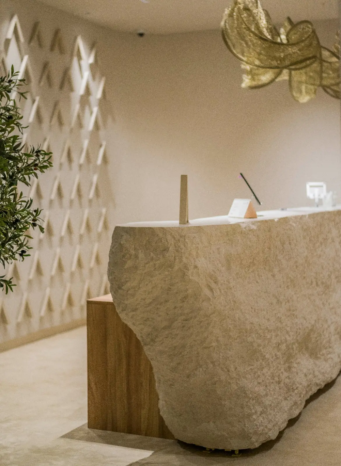 Detaliu din recepția AZEENA Longevity Institute, Timișoara: birou din piatră naturală, măslin și sculptură aurie suspendată