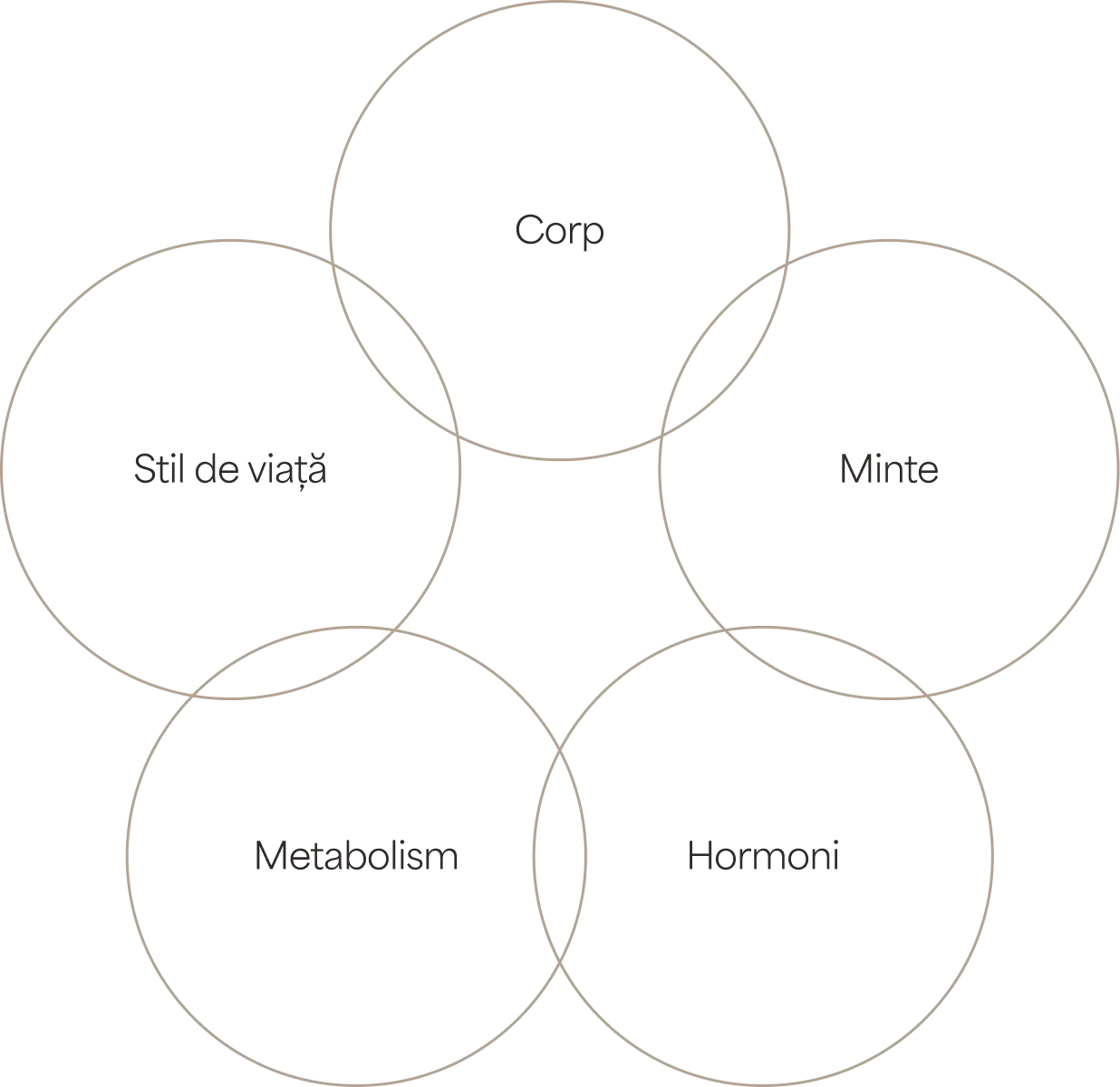 Diagramă cu cinci cercuri interconectate: corp, minte, hormoni, metabolism și stil de viață – medicină funcțională și integrativă