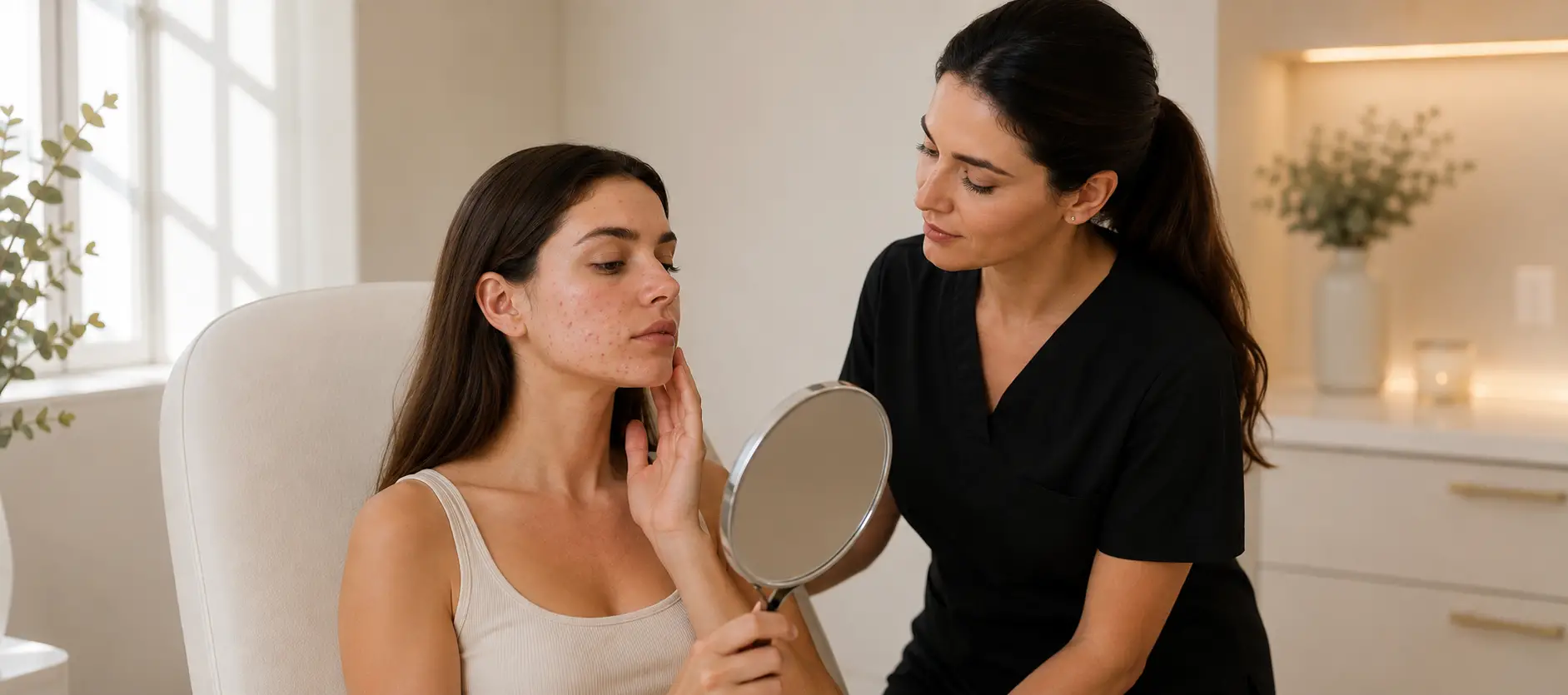 Specialistă în uniformă neagră examinând tenul cu acnee al unei paciente care ține o oglindă de mână – pachet medical acnee