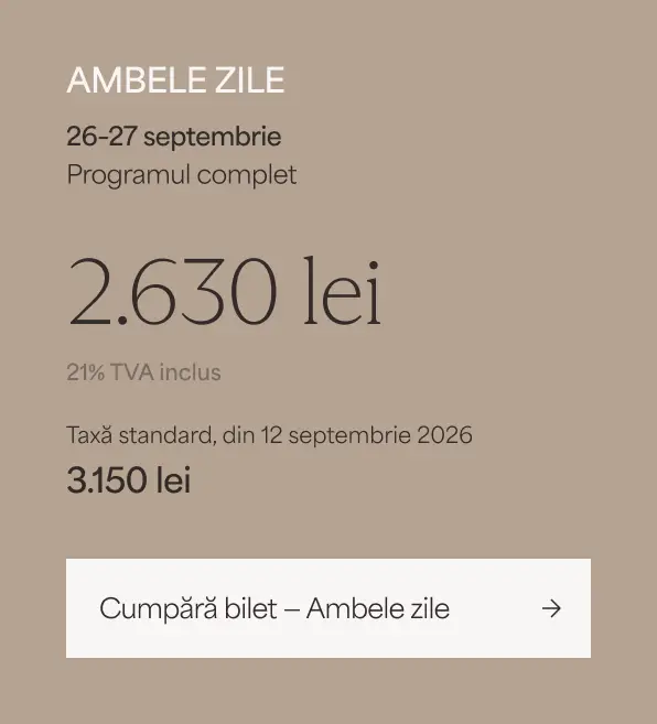Bilet RE:GEN SKIN Masterclass, Ambele zile, 26–27 septembrie: programul complet – 2.630 lei, TVA 21% inclus; taxă standard din 12 septembrie 2026: 3.150 lei