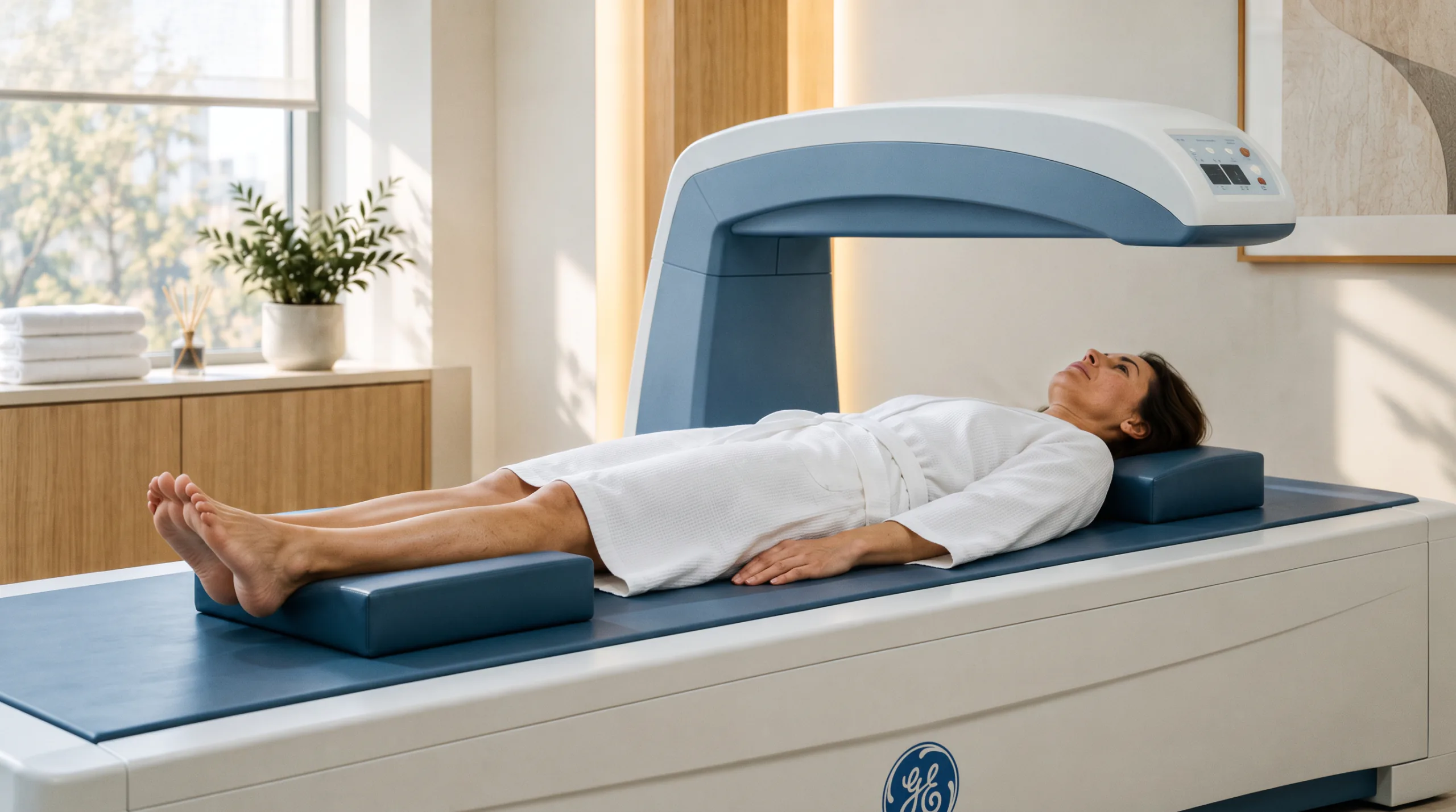 Pacientă în halat alb, întinsă pe aparatul DEXA pentru evaluarea densității osoase – programul AZEENA Bone Health 45+