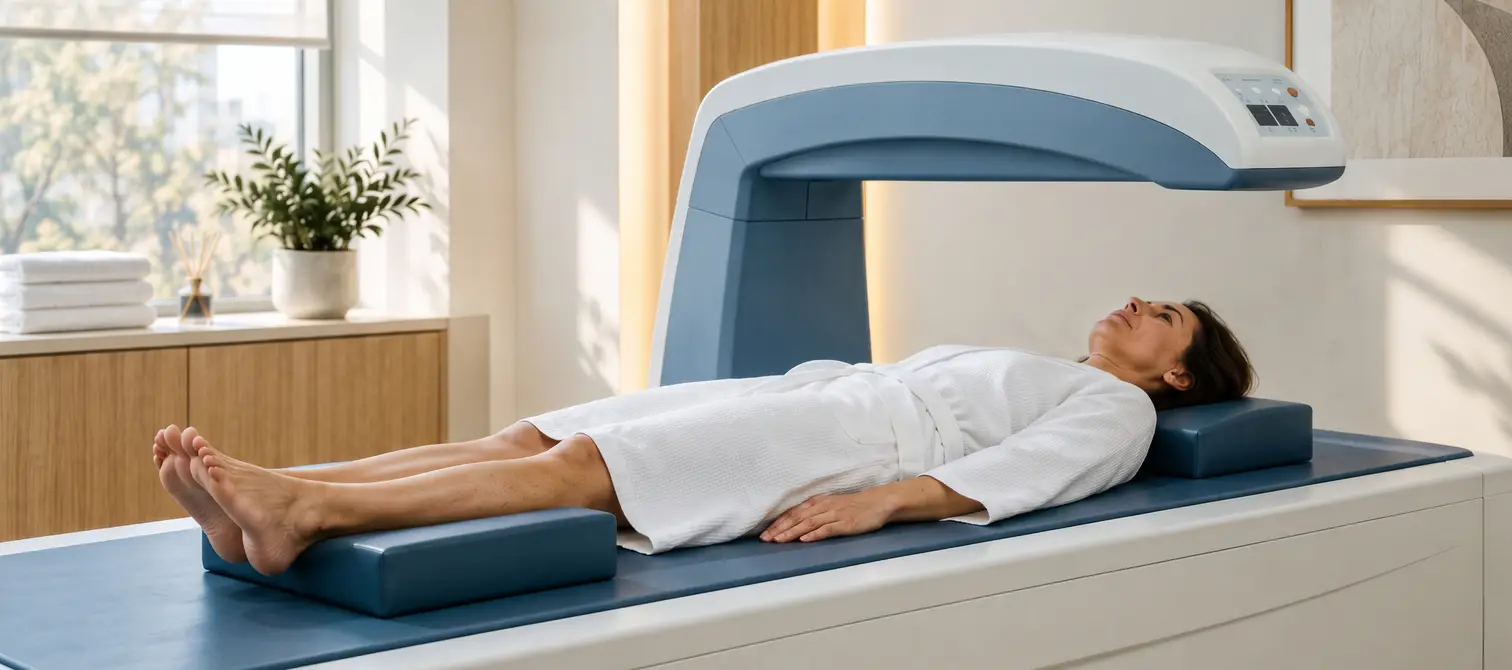 Pacientă în halat alb, întinsă pe aparatul DXA pentru evaluarea densității osoase – programul AZEENA Bone Health 45+