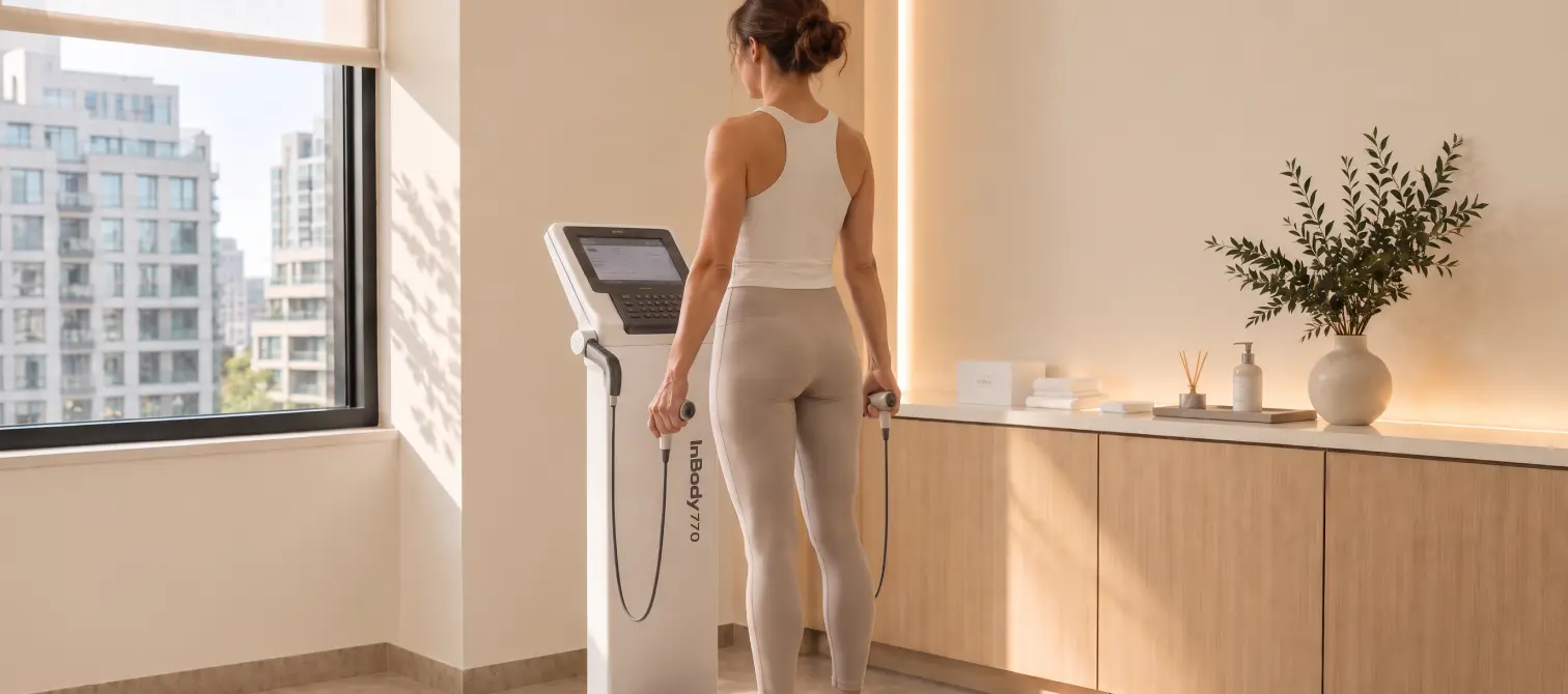 Femeie pe analizorul de compoziție corporală, lângă fereastră – Metabolic Check